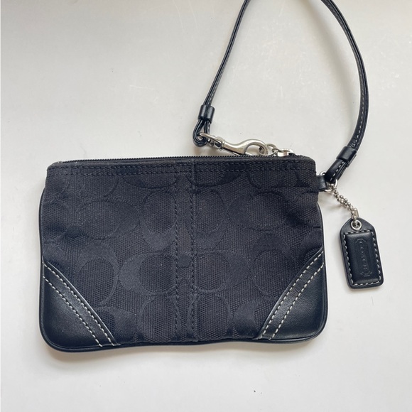 Coach Vintage 90's Y2K Black Signature Logo Leather Fabric Wristlet Wallet Mini - Picture 2 of 3
